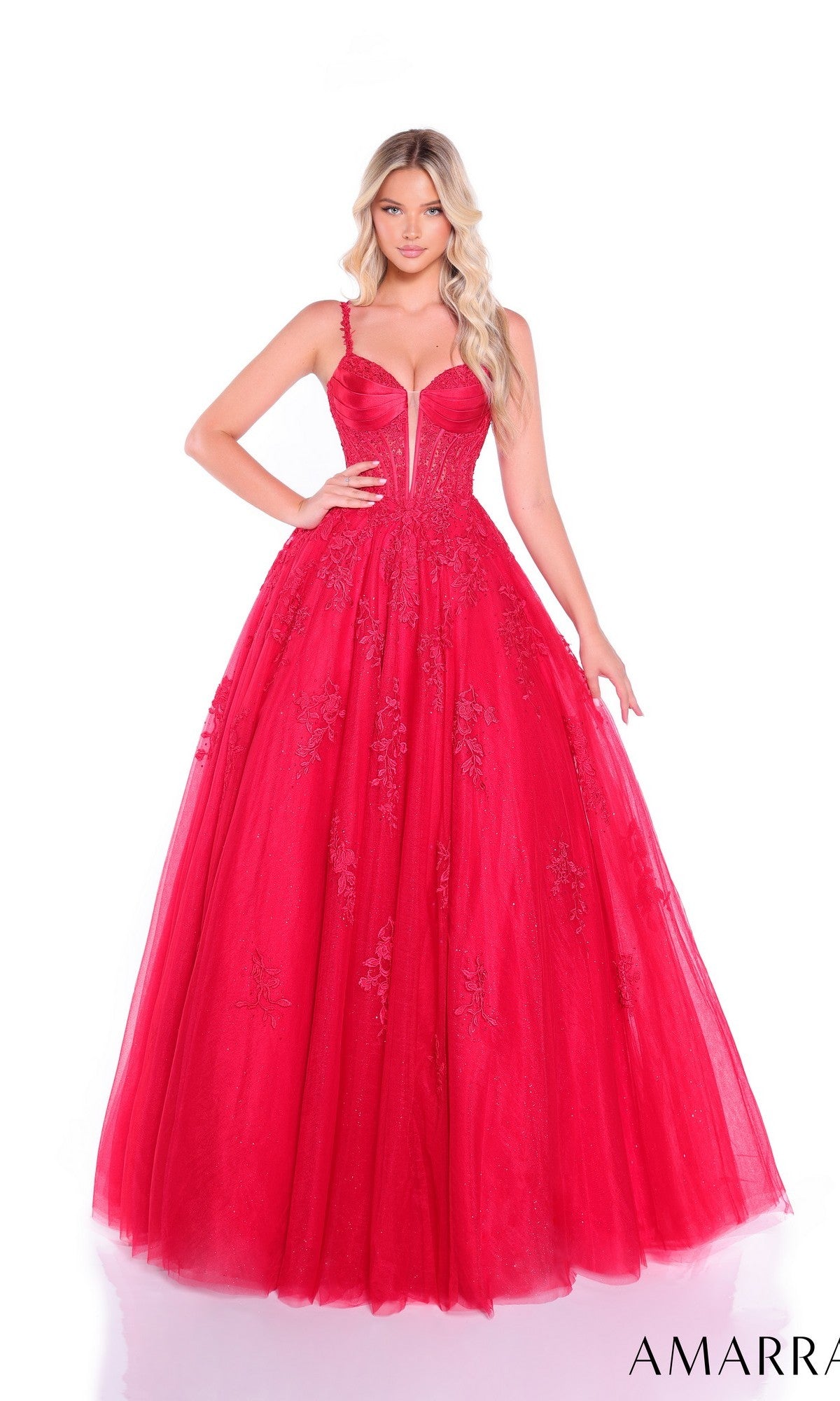A woman wears the Amarra 89493 Lace-Up Long Corset Prom Ball Gown, a sleeveless, floor-length red dress with floral embroidery, standing against a white background. This elegant gown radiates sophistication and timeless charm.